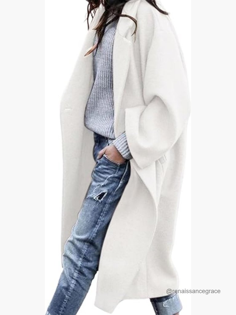 Oversized Notch Lapel Long Coat, Dry Clean Only, Loose Fit, Maxi Style